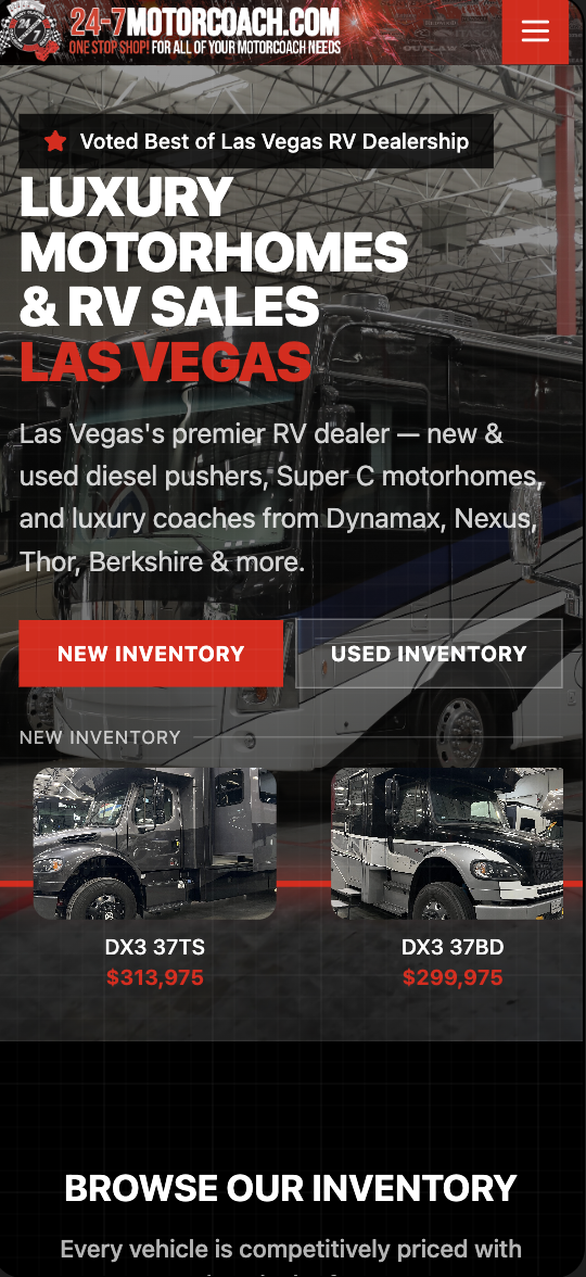 24-7 Motorcoach Luxury Sales website preview.